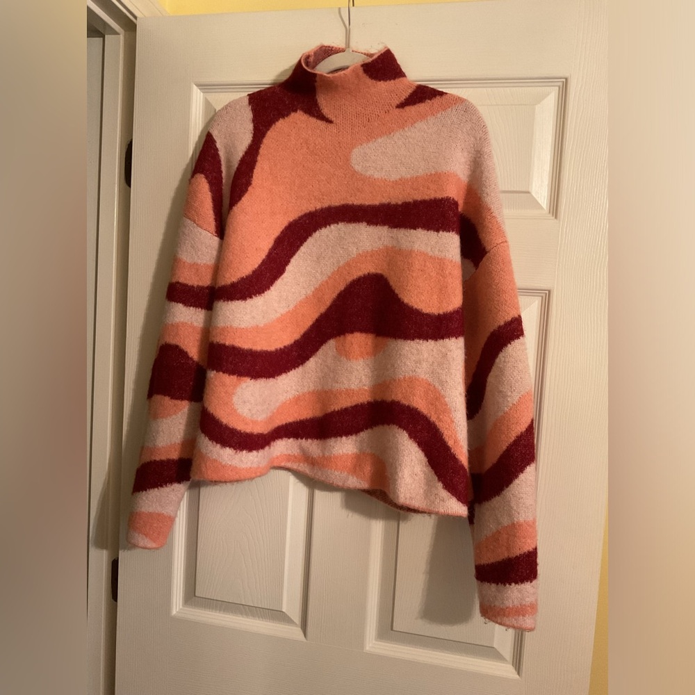 Zara Abstract Wavy Colorblock Mock Neck Fuzzy Knit Sweater Medium